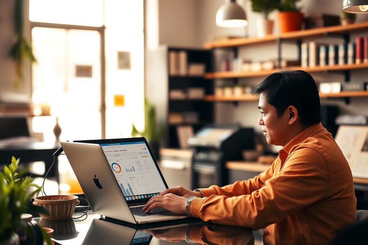 Chủ doanh nghiệp nhỏ Việt Nam làm việc với công cụ AI trên laptop