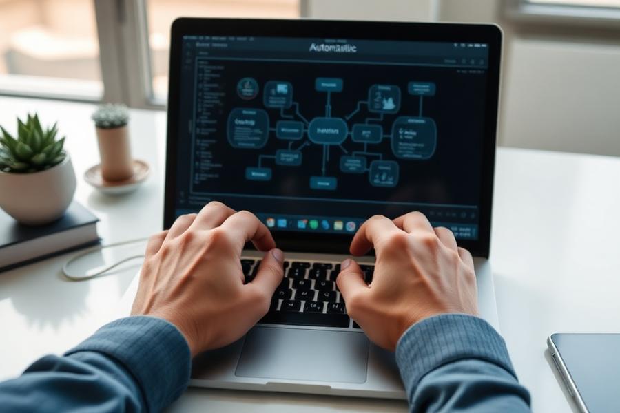 Sơ đồ workflow tự động hoá trên màn hình laptop